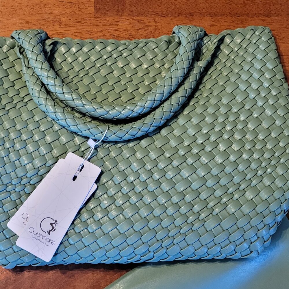 NEW Sage Green Vegan Leather Woven Bag and Clutch